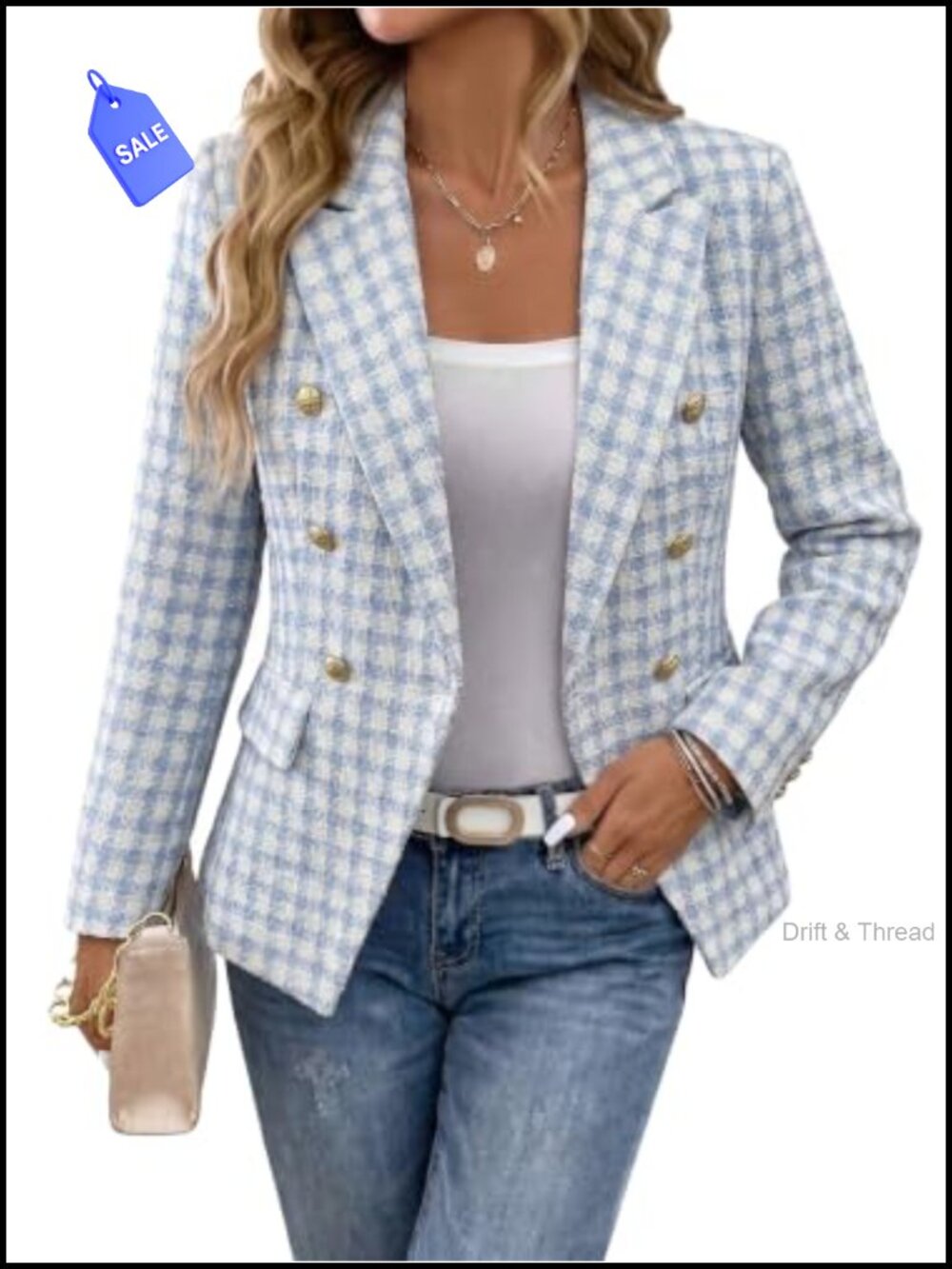 Women's Tweed Plaid Double-Breasted Blazer Slim Fit Business Casual